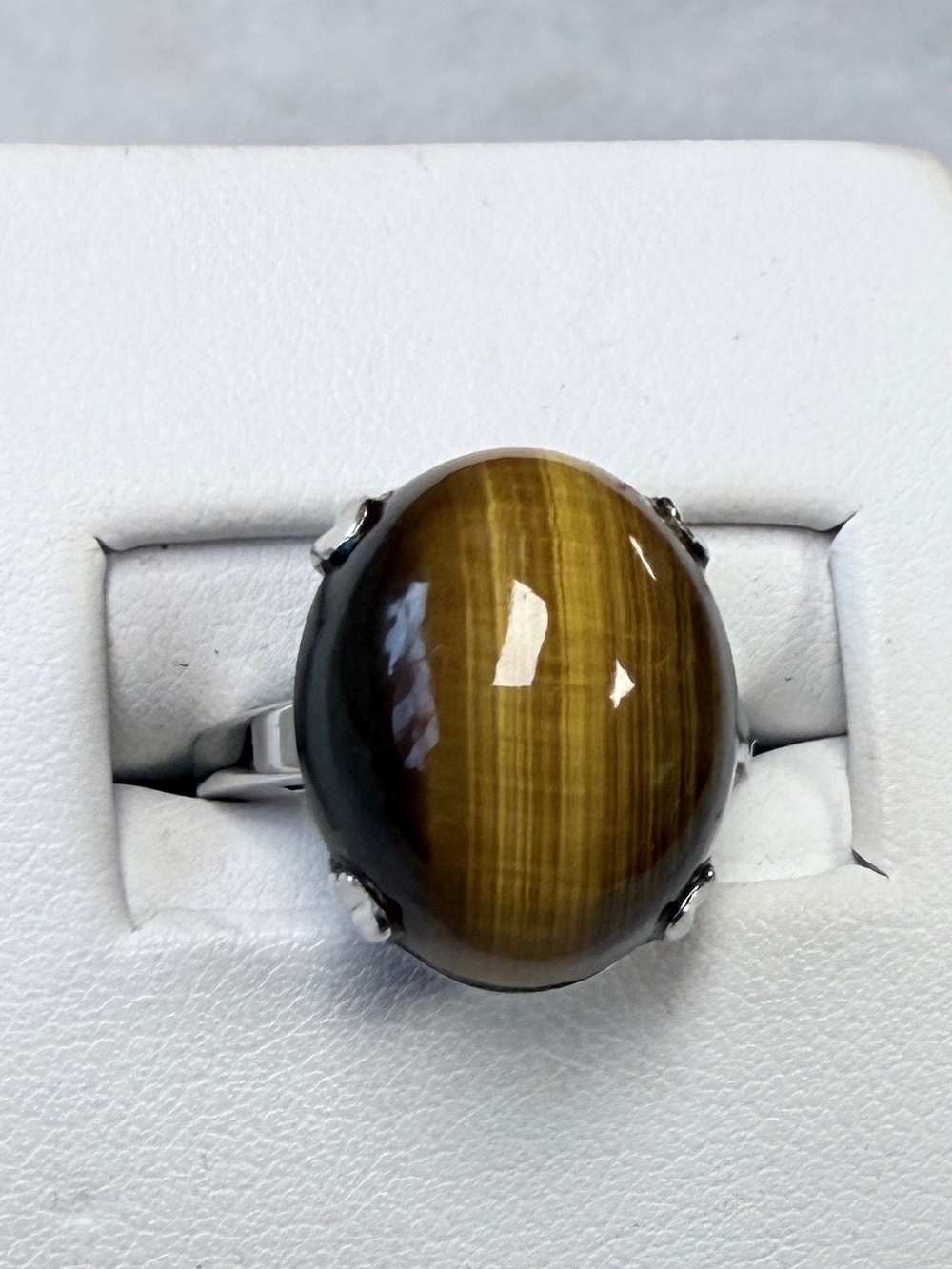 Large tigers eye dome natural stone set in sterling silver size 5